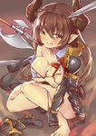  armor armor_removed blush bow bowtie breastplate breasts broken_armor brown_eyes brown_hair commentary_request draph forte_(shingeki_no_bahamut) granblue_fantasy halberd highres horns large_breasts long_hair nukkoru panties panty_pull pauldrons pointy_ears polearm shingeki_no_bahamut shirt skirt solo sword torn_clothes torn_shirt underwear weapon 