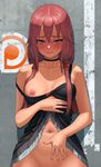  black_dress blush breasts choker dress dress_lift guilty_crown lasterk long_hair looking_at_viewer low_twintails medium_breasts navel nipples no_bra no_panties out-of-frame_censoring patreon_logo red_eyes red_hair solo strap_slip tears twintails watermark yuzuriha_inori 