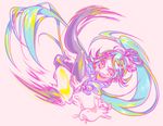  alternative_color bleach cat colorful flying_kick glossy hair_ornament high_resolution kicking long_hair midair multicolored_clothes multicolored_hair multicolored_legwear parody pink_background ponytail shihouin_yoruichi smile style_parody tied_hair white_cat yellow_eyes 