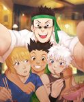  4boys arm_around_neck bandaid bandaid_on_nose blonde_hair blue_eyes bowl brown_eyes brown_hair chopsticks eating eunnieboo food food_in_mouth food_on_face gon_freecss grin highres hunter_x_hunter killua_zoldyck kurapika leorio_paladiknight male_focus multiple_boys necktie necktie_on_head noodles open_mouth room self_shot smile spiked_hair sunglasses white_hair 