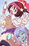  2girls ? alien alpha_omega_nova blonde_hair blue_eyes brown_hair cellphone commentary energy_gun green_skin hair_ornament highres lavender_hair luluco lyn_(shunao) midori_(uchuu_patrol_luluco) multiple_girls one_side_up phone ray_gun rotating_light school_uniform self_shot short_hair taking_picture thighhighs uchuu_patrol_luluco v weapon zettai_ryouiki 