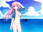  arm_up armpits bikini breasts cleavage cloud day fmg green_eyes highres jacket lala_satalin_deviluke large_breasts long_hair navel ocean outdoors pink_hair sky smile solo swimsuit tail to_love-ru water wind 