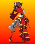  1girl bleach breasts crown dark_skin dress head_tilt high_heels high_ponytail high_resolution holding_object holding_weapon long_legs looking_at_viewer open_mouth orange_background purple_eyes purple_hair red_dress shihouin_yoruichi shoes smile solo very_high_resolution 