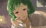  ass backlighting blush bottomless collared_shirt green_hair half-closed_eyes indoors kazami_yuuka lantern light long_sleeves looking_down lying off_shoulder on_stomach open_clothes open_shirt red_eyes shiny shiny_hair shirt short_hair sinzan smile solo touhou white_shirt window 