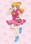  1girl bag blonde_hair blue_eyes blue_nails earrings eunnieboo full_body hair_bobbles hair_ornament handbag highres jewelry lips mario_(series) nail_polish open_mouth patterned_background pink_shirt pink_skirt ponytail princess_peach shirt shoes skirt sneakers solo star super_mario_bros. super_mushroom 