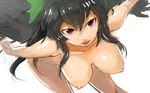  bangs bent_over black_hair black_wings bow breasts commentary_request feathered_wings hair_between_eyes hair_bow hanging_breasts large_breasts looking_at_viewer looking_up nipples nude open_mouth pose red_eyes reiuji_utsuho shiny shiny_hair sidelocks simple_background sinzan sketch smile solo teeth thighs tongue touhou white_background wings 