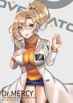  artist_name bespectacled blonde_hair blue_skirt breasts character_name copyright_name cowboy_shot emblem glasses hair_ornament hand_on_breast hand_on_own_chest labcoat large_breasts logo long_sleeves looking_at_viewer mercy_(overwatch) miniskirt negister open_mouth overwatch ponytail ribbed_sweater skin_tight skirt solo sweater swiss_flag turtleneck watermark web_address wing_print yellow_sweater 