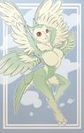  2016 anthro avian beak big_breasts bird blue_background breasts butt claws feathered_wings feathers featureless_breasts female green_feathers juxzebra looking_at_viewer multi_wing nude owl pose red_eyes simple_background solo tail_feathers toe_claws white_feathers wings 