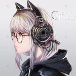  glasses headphones highres hood hood_down hoodie jellycarrot jitome lips long_hair mechanical_ears original solo white_hair yellow_eyes 