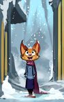  aged_down anthro big_ears blue_eyes canine city clothed clothing cub cute disney fan_character fangs female fox happy looking_up mammal megan_fawkes outside ruffu scarf smile snow snowing solo young zootopia 