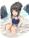  :d blue_eyes blush brown_hair collarbone competition_school_swimsuit hair_up hands_on_own_knees head_tilt okiru one-piece_swimsuit open_mouth original partially_submerged short_hair sitting sketch smile solo swimsuit water 