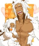  1boy abs bachikin_(kingyo155) child dark_skin feathers harpy heart lollipop monster_boy multicolored_hair muscle original scar tongue_out white_hair wings 