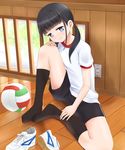  black_hair black_legwear black_shorts blue_eyes blush closed_mouth electric_socket gym_uniform hand_on_own_knee head_tilt highres kneehighs okiru original shirt shoes shoes_removed short_sleeves shorts sitting smile sneakers solo spread_legs twintails volleyball white_shirt window wooden_wall 