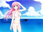  arm_up armpits bikini breasts cleavage cloud day fmg green_eyes highres lala_satalin_deviluke large_breasts long_hair navel ocean outdoors pink_hair sky smile solo swimsuit tail to_love-ru water wind 