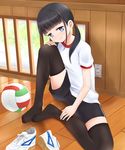  black_hair black_legwear black_shorts blue_eyes blush closed_mouth electric_socket gym_uniform hand_on_own_knee head_tilt highres okiru original shirt shoes shoes_removed short_sleeves shorts sitting smile sneakers solo spread_legs thighhighs twintails volleyball white_shirt window wooden_wall 