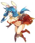  animal_ears bandeau blue_eyes blue_hair blush boots breasts bunny_ears capelet cleavage fake_animal_ears gloves large_breasts long_hair mage_(ragnarok_online) midriff open_mouth outstretched_hand pelvic_curtain ragnarok_online showgirl_skirt smile solo tsuderou twintails wind wind_lift 
