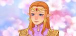  armor artist_name blue_eyes circlet earrings eunnieboo floral_background jewelry lips long_hair makeup mascara orange_hair pointy_ears portrait princess_zelda shoulder_armor sidelocks signature smile solo the_legend_of_zelda the_legend_of_zelda:_ocarina_of_time triforce 