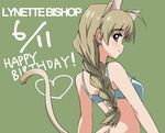 ahoge animal_ears bare_shoulders blue_eyes blush bra braid breasts brown_hair cat_ears cat_tail character_name dated from_behind green_background happy_birthday heart highres long_hair looking_back lynette_bishop medium_breasts shiny shiny_hair shiny_skin simple_background single_braid smile solo strike_witches tail tokiani underwear underwear_only world_witches_series 