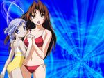  accessory_tan bikini blue_eyes brown_hair eclair_(kiddy_grade) gotou_keiji highres holding_hands interlocked_fingers kiddy_grade long_hair looking_at_viewer lumiere multiple_girls one-piece_swimsuit red_bikini side-tie_bikini swimsuit tan tanline wallpaper yellow_eyes yellow_swimsuit 