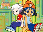  1girl animal_ears artist_request blue_hair bored cosplay gradient_hair guu happy hare hat horns jungle_wa_itsumo_hare_nochi_guu lammy_(um_jammer_lammy) multicolored_hair parappa parappa_(cosplay) parappa_the_rapper purple_hair sitting two-tone_hair um_jammer_lammy white_hair 