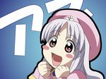  :d azmaria_hendric bangs beret blush_stickers chibi chrono_crusade clenched_hands close-up cross hands happy hat highres open_mouth parted_bangs pink_eyes silver_hair smile solo vector_trace wallpaper 