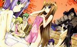  ass back black_hair blonde_hair blush brown_eyes brown_hair convenient_arm covering elnie_tachibana everyone green_eyes green_hair hand_on_hip highres hiiragi_akao jinki kawamoto_satsuki kousaka_rui leaf long_hair looking_back mecha mel_j_vanette multiple_girls navel nude nude_cover onsen orange_eyes pink_towel purple_eyes purple_hair see-through short_hair sitting towel tsunashima_shirou tsuzaki_aoba very_long_hair wallpaper wet_towel white_towel 