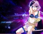  adjusting_hair black_bra bra breasts choker cleavage dvergr garters gloves gotou_keiji kiddy_grade lavender_hair lingerie lipstick makeup midriff off_shoulder purple_eyes purple_hair short_hair sitting small_breasts solo thigh_strap underwear undressing wallpaper 