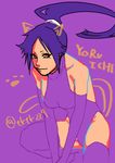  1girl alternative_color animal_ears bent_knees bleach breasts cat_tail dark_skin elbow_gloves gloves hair_ornament high_ponytail high_resolution highleg highleg_leotard leotard looking_at_viewer purple_background purple_hair shihouin_yoruichi slit_pupils smile solo squatting tail thighhighs thighs yellow_eyes 