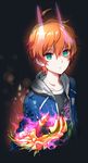  aoi_kyousuke black_background demon_horns empty_eyes fire glowing glowing_horns green_eyes highres hood hoodie horns idolmaster idolmaster_side-m kiyose_akame male_focus orange_hair parted_lips solo upper_body 