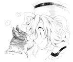  /\/\/\ 1girl animal blush cat close-up closed_mouth eye_contact from_side greyscale harusame_(unmei_no_ikasumi) hat heart looking_at_another merlin_prismriver monochrome noses_touching profile simple_background sketch smile spoken_exclamation_mark spoken_heart touhou white_background 