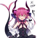  absurdres asymmetrical_horns bad_id bad_twitter_id bespectacled blush claws closed_eyes corset detached_sleeves doyagao dragon_horns dragon_tail dress elizabeth_bathory_(fate) elizabeth_bathory_(fate)_(all) fang fate/extra fate/extra_ccc fate_(series) flat_chest frilled_sleeves frills glasses hair_ribbon hand_on_eyewear hand_on_hip highres horns kou_mashiro long_hair open_mouth pink_hair plaid plaid_skirt pointy_ears purple-framed_eyewear ribbon simple_background skirt solo sparkle tail two_side_up upper_body white_background 