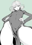  bare_legs black_dress breasts covered_navel curly_hair dress from_below hands_on_hips highres long_sleeves looking_at_viewer miyamoto_issa monochrome no_panties one-punch_man open_mouth popped_collar pussy short_hair simple_background small_breasts solo tatsumaki thighs 