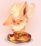  flareon food fruit gen_1_pokemon happy_birthday no_humans non-web_source one_eye_closed open_mouth pancake plate pokemon pokemon_(creature) solo stack_of_pancakes strawberry syrup whipped_cream 
