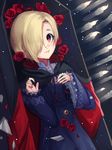  blonde_hair blush brown_eyes candle cape coffin hair_over_one_eye idolmaster idolmaster_cinderella_girls komoe_(hinagatu) looking_at_viewer petals rose_petals shirasaka_koume short_hair smile solo vampire 