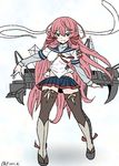  akashi_(kantai_collection) armor bandana blue_skirt crane green_eyes hair_ribbon hip_vent kantai_collection kuroihi_(kuroihitsuji) long_hair long_sleeves open_mouth pink_hair remodel_(kantai_collection) ribbon school_uniform serafuku skirt smile solo thighhighs tress_ribbon 