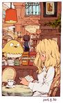  annie_berton bird blonde_hair book bookshelf cafe chair cup cupboard lamp long_hair matsuda_(matsukichi) multiple_girls original plant shirt sitting smile stairs table tori_(matsuda_(matsukichi)) yvette_martin 