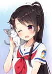  ;d black_hair cat high_school_fleet long_hair masuishi_kinoto munetani_mashiro one_eye_closed open_mouth ponytail red_eyes school_uniform serafuku short_sleeves smile tamonmaru_(haifuri) yokosuka_girls_marine_high_school_uniform 