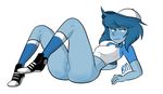  2016 alien blue_eyes blue_hair blue_skin blush blushmallet butt cartoon_network clothed clothing female gem_(species) hair lapis_lazuli_(steven_universe) looking_at_viewer not_furry pussy simple_background smile solo steven_universe 