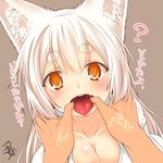  animal_ear_fluff animal_ears blush breasts brown_eyes cleavage collarbone commentary_request eyebrows fox_ears hands_on_another's_cheeks hands_on_another's_face hikimayu kohaku_(yua) long_hair looking_at_viewer medium_breasts original pov slit_pupils solo_focus thick_eyebrows tongue tongue_out translated white_hair yua_(checkmate) 