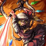  :d arms_up bat_wings blonde_hair chanta_(ayatakaoisii) crystal flaming_sword flandre_scarlet hat hat_ribbon highres holding holding_weapon looking_at_viewer mob_cap open_mouth red_eyes ribbon side_ponytail skirt skirt_set smile solo sword touhou v-shaped_eyebrows weapon wings 