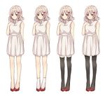  1girl alternate_costume bare_legs bare_shoulders black_legwear blonde_hair blush body_blush closed_mouth costume_chart curly_hair diabolik_lovers dress female full_body hair_ornament hairpin hand_on_own_chest ichinose_(sorario) komori_yui legs looking_at_viewer multiple_views pantyhose petite pink_eyes shoes simple_background sleeveless small_breasts smile socks solo thighhighs variations white_background white_legwear 
