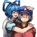  :d beret blue_dress blue_eyes blue_hair blush chanta_(ayatakaoisii) dress grey_hair hair_rings hand_on_head hand_on_shoulder hat hug kaku_seiga looking_at_another miyako_yoshika multiple_girls ofuda open_mouth short_sleeves simple_background smile touhou vest white_hair 