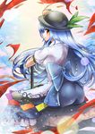  ass black_hat blue_hair blue_ribbon blue_skirt cloud cloudy_sky collared_shirt dress_shirt floral_print food from_behind fruit hat hinanawi_tenshi keystone long_hair long_skirt looking_at_viewer parted_lips peach puffy_short_sleeves puffy_sleeves rainbow_order red_eyes ribbon rose_print scabbard sheath sheathed shirt short_sleeves sitting skirt sky solo sword sword_of_hisou touhou umigarasu_(kitsune1963) very_long_hair weapon white_shirt 