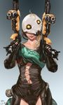  absurdres armor blonde_hair clem dual_wielding genderswap genderswap_(mtf) grineer gun highres holding kiraxivcoffee mask smile solo warframe weapon 