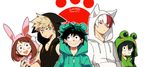  2girls 3boys :&gt; :d animal_hood aqua_eyes asui_tsuyu bakugou_katsuki bangs bear_hood black_eyes black_hair blonde_hair blush_stickers boku_no_hero_academia bunny_hood burn_scar cat_hood closed_mouth d: dated dog_hood drawstring eyebrows eyebrows_visible_through_hair eyelashes freckles frog_hood fume hair_between_eyes hands_in_pocket heterochromia hood hoodie long_hair looking_at_another looking_at_viewer looking_away looking_to_the_side midoriya_izuku multicolored_hair multiple_boys multiple_girls open_mouth outline paw_print red_eyes red_hair scar signature sleeveless sleeveless_hoodie smile sweatdrop todoroki_shouto two-tone_hair upper_body uraraka_ochako white_background white_hair yanzhan 