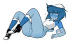  2016 alien blue_eyes blue_hair blue_skin blush blushmallet butt cartoon_network clothed clothing cum female gem_(species) hair lapis_lazuli_(steven_universe) looking_at_viewer not_furry pussy simple_background smile solo steven_universe 