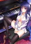  absurdres bench black_hair black_legwear blue_eyes blush breasts cleavage derivative_work dress_shirt error expressionless hasaya highres instrument large_breasts long_hair looking_at_viewer no_bra open_clothes open_mouth open_shirt panties piano piano_bench shadow shirt sitting skirt skirt_removed solo thighhighs touma_kazusa underwear white_album_2 