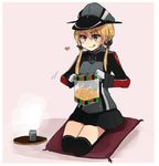  :p anchor anchor_hair_ornament annin_musou bangs commentary_request cup cushion food gloves green_eyes hair_between_eyes hair_ornament hat heart jacket kantai_collection low_twintails military military_uniform opening pink_background pleated_skirt prinz_eugen_(kantai_collection) seiza senbei sitting sketch skirt solo steam thighhighs tongue tongue_out tray twintails uniform yunomi 