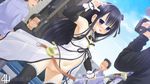  bangs bare_shoulders black_hair blue_eyes blush detached_sleeves exhibitionism long_hair magical_girl no_panties original outdoors pussy shitou_(4h) thighhighs uncensored 