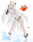  absurdres airfield_hime ankle_boots annimeone7 boots floating_fortress_(kantai_collection) highres horns kantai_collection leotard looking_at_viewer orange_eyes shinkaisei-kan simple_background smile water white_background white_footwear white_hair white_skin 